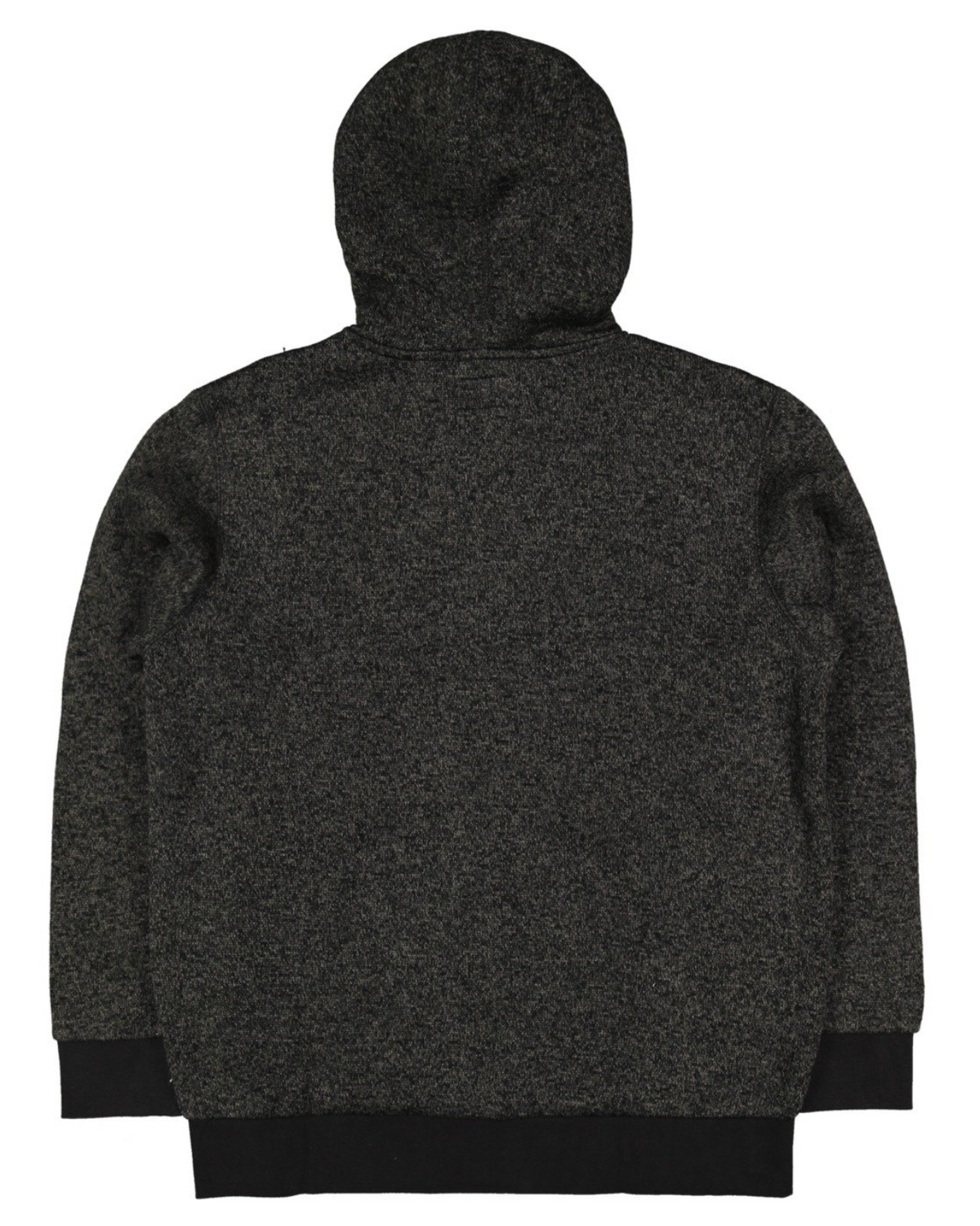 The charcoal gray Billabong Revolt Zip Thru Hood is shown with the back facing up. Its textured fabric and relaxed fit, combined with ribbed cuffs and waistband, ensure a cozy feel.