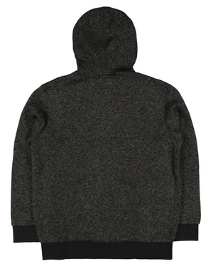 The charcoal gray Billabong Revolt Zip Thru Hood is shown with the back facing up. Its textured fabric and relaxed fit, combined with ribbed cuffs and waistband, ensure a cozy feel.