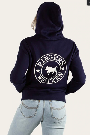 A person clad in the Ringers Western Womens Signature Bull Hoodie, navy blue in color, showcases a design with a bull inside a circular emblem adorned with stars and text. This casual and comfortable hoodie is stylishly complemented by light blue jeans. The individual is facing away from the camera.
