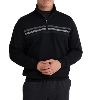 A person is wearing the Breakaway Hils Snowy Mt Fleece Half Zip, featuring a black half zip front with gray horizontal stripes across the chest and paired with dark gray pants. The comfortable fleece boasts a rib knit collar, enhancing its stylish appeal. The person stands against a white background, their hands clasped in front.