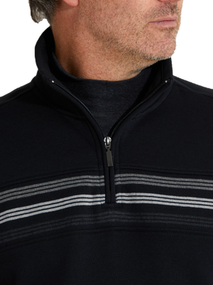 A person wearing the Breakaway Hils Snowy Mt Fleece Half Zip sweater, featuring a black design with gray stripes across the chest against a plain white background.