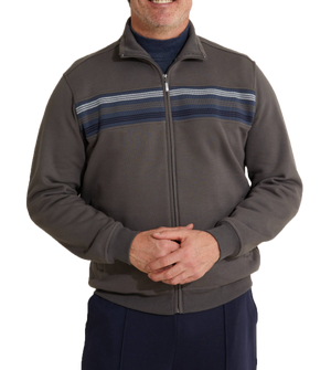 A man stands casually with hands clasped, wearing the Breakaway Hils Snowy Mt Fleece Jacket in blue horizontal stripes over a navy shirt and dark pants, set against a plain white background.