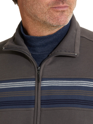 A man wearing the Breakaway Hils Snowy Mt Fleece Jacket, a gray zip-up sweater with blue horizontal stripes, over a dark blue turtleneck.