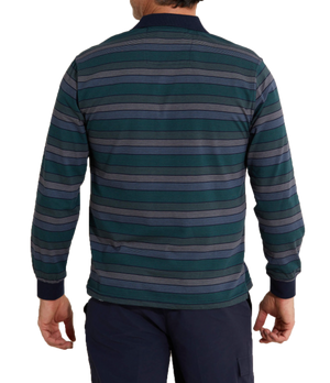 From behind, a person is seen wearing the Breakaway Roe Kinnersly Jersey Polo, which features long sleeves and a collar with green, blue, and gray horizontal stripes. Paired with dark pants, the individual's look exudes a casual vibe.