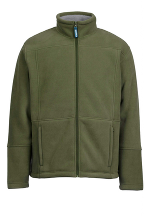 The Rainbird Lumber Jacket is fleece-lined with green polyester, a high collar, full-front zipper, long sleeves, and two front pockets, highlighted by a distinct blue zipper pull.