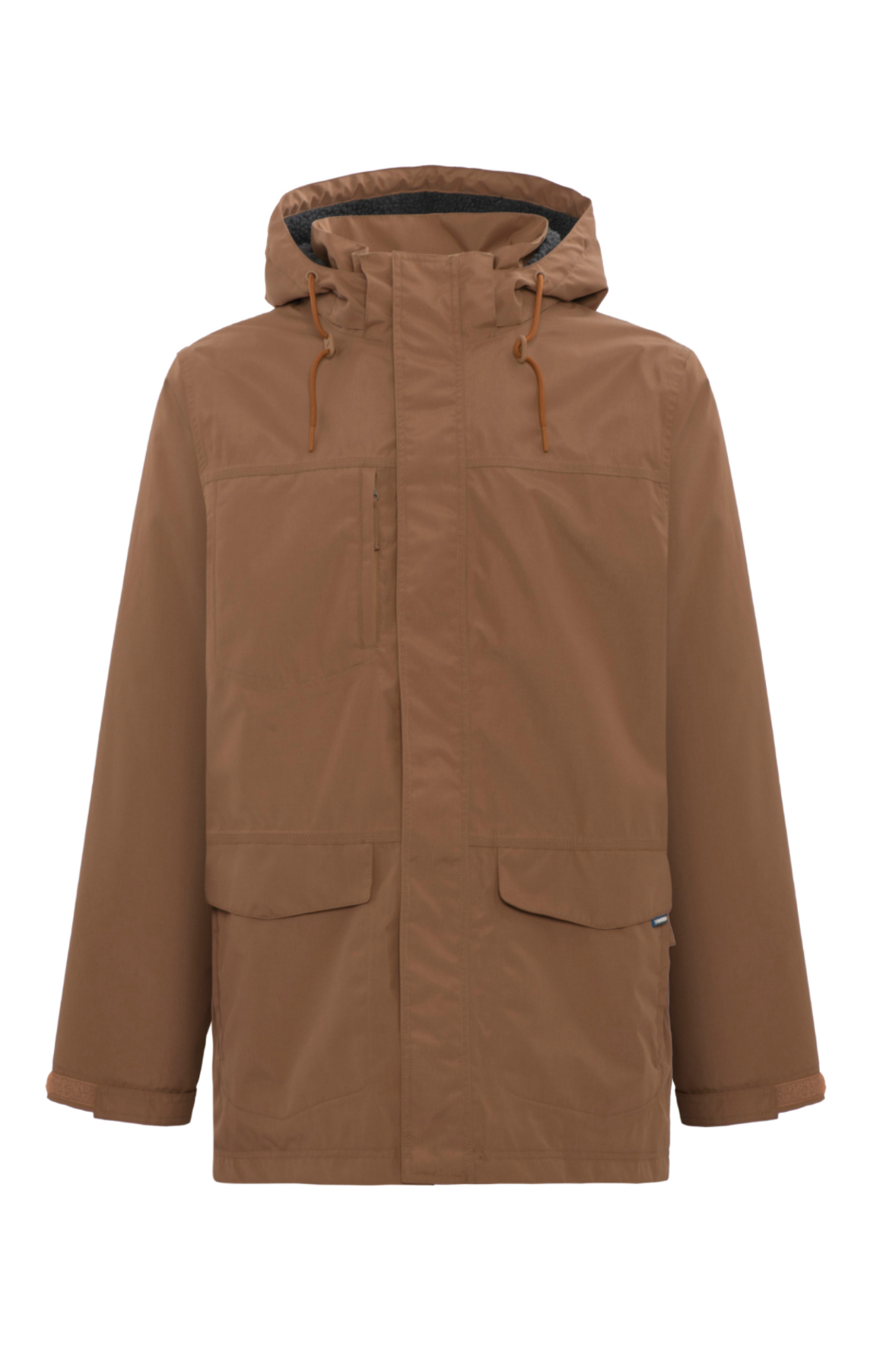 The Rainbird Altair Jacket is a brown waterproof hooded jacket with a front zipper and button closure, fleece lining, two chest pockets, and two large front flap pockets. It features adjustable hood drawstrings and Velcro cuffs for a comfortable fit.