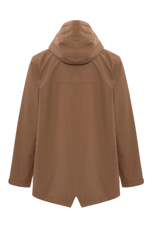 The Rainbird Altair Jacket, displayed from the back, features a detachable hood and waterproof material. With its straight cut, long sleeves, and slightly flared bottom hem, this brown hooded jacket is ideal for outdoor wear.