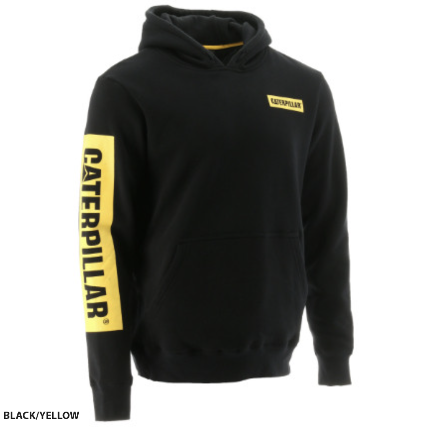 The CAT Icon Block Hoodie features a clean and minimal design with a black fabric complemented by yellow accents. A bold yellow "CATERPILLAR" logo is displayed on the left sleeve, while a smaller yellow logo adorns the front chest. The hood's interior also sports a bright yellow, prominently showcasing the brand's colors. Text: "BLACK/YELLOW".
