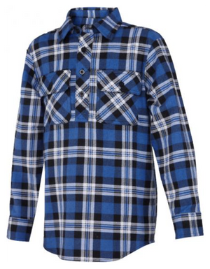 The Ritemate Kids Pilbara Closed Front Flannelette Shirt offers style and comfort with long sleeves, buttoned cuffs, a collar, two buttoned chest pockets, and is made from pre-shrunk cotton in blue and black plaid.