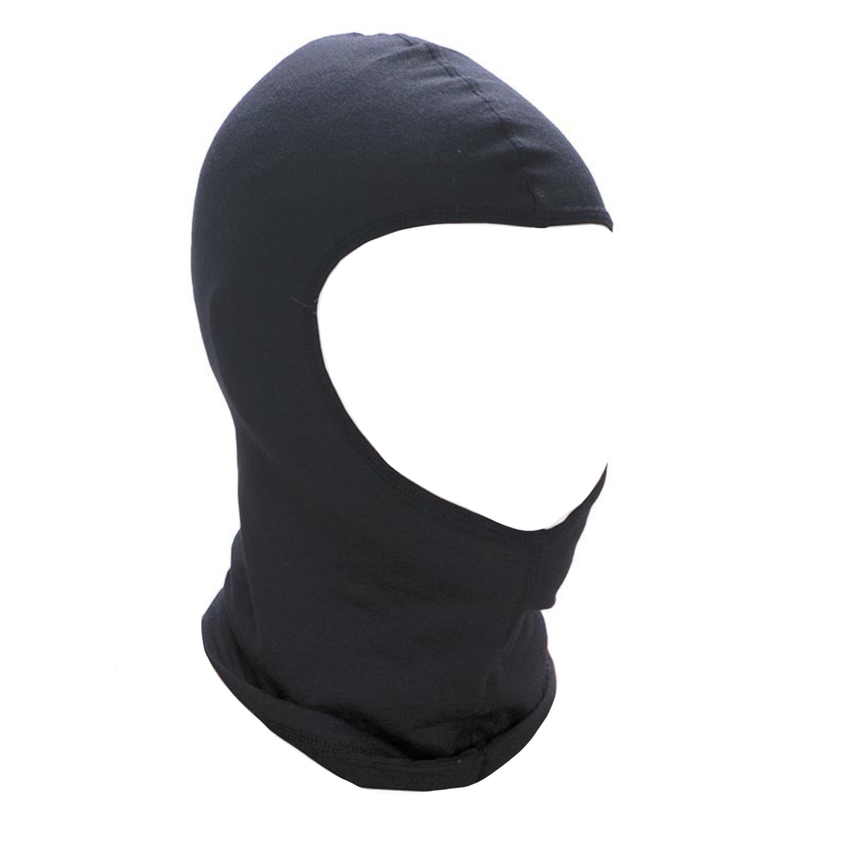 The Sherpa Merino Balaclava, in a sleek black superfine merino wool design with an eye opening, is elegantly displayed against a plain white background.