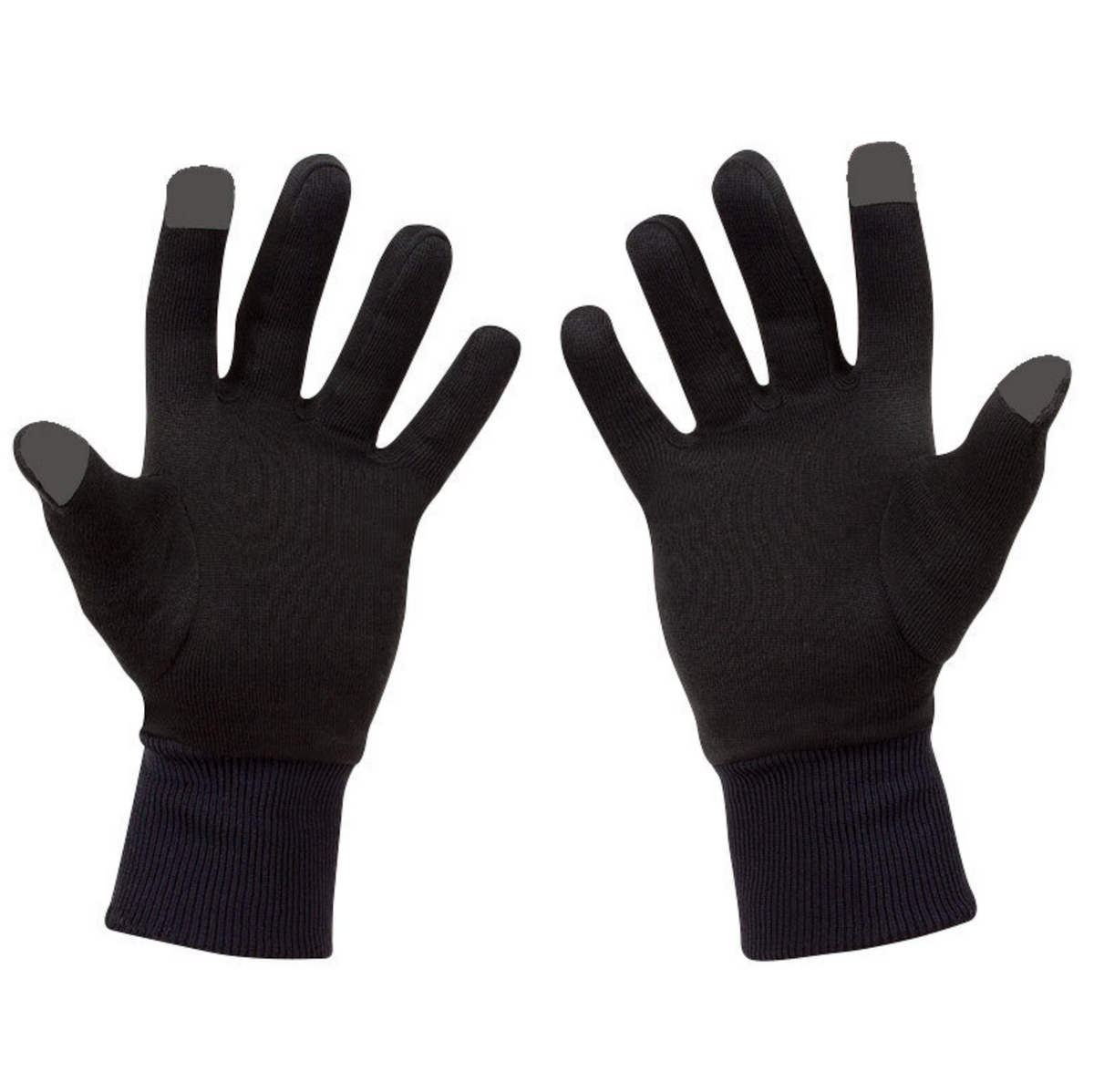 Introducing the Sherpa Merino iGlove: a pair of black touchscreen gloves featuring ribbed cuffs and crafted from luxurious Australian Merino wool. The thumb, index, and middle fingers incorporate touch-sensitive fabric at the tips for seamless touchscreen interaction. The gloves are displayed with palms facing up.