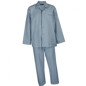 The Contare Country Winter Flannelette PJ Set includes a blue and gray striped long-sleeved button-up shirt with a chest pocket and matching long pants. Made from soft brushed cotton, they're ideal for sleep or lounging with an elastic waist for comfort.