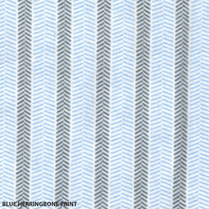The Contare Country Winter Flannelette PJ Set features a blue and white herringbone print with vertical stripes of blue and gray in brushed cotton. It includes a zigzag pattern and text reading "BLUE HERRINGBONE PRINT" at the bottom left.