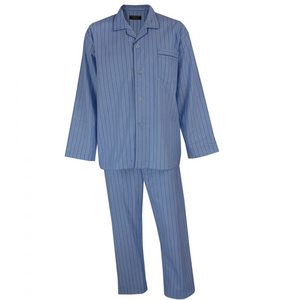 The Contare Country Winter Flannelette PJ Set includes a blue striped button-up shirt with a chest pocket and matching straight-leg pants. The elastic waist offers comfort, while the brushed cotton fabric adds coziness to your sleepwear collection.
