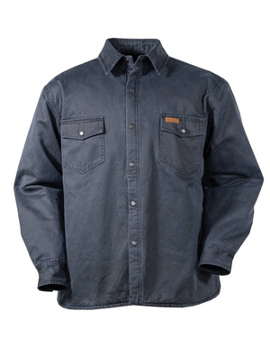 The Outback Loxton Jacket is a dark gray denim shirt with a pointed collar, long sleeves, and cozy fleece lining. It features a button-up front and two chest pockets with buttoned flaps, providing the warmth of your favorite jacket.