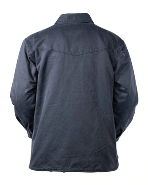 The Outback Loxton Jacket's back view showcases a long-sleeve, dark blue denim with a collar, shoulder yoke design, and slightly textured waterproof fabric. The uncuffed sleeves enhance its casual charm.