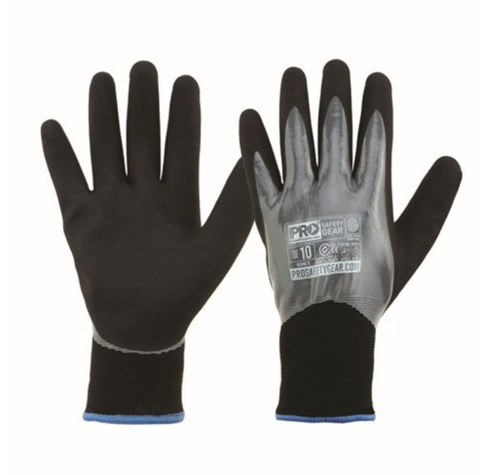 Two Pro Safety Gear Winter Gloves are displayed, featuring new touchscreen capabilities. The palm of the right glove is grey with a "Pro Safety Gear" label, while the back of the left glove is all black; both gloves have blue trim at the cuffs.