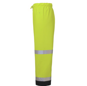 The Rainbird Shelter Pant features a bright yellow waterproof design, reflective silver leg bands, an elastic waistband with a drawstring, and practical black cuffs.