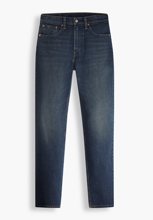 A pair of Levis 516 Straight Jeans in dark blue denim displayed against a white background. These comfortable jeans feature a classic five-pocket design with copper rivets, as well as a button and zipper fly closure. The fit is straight with a slightly faded effect on the thighs and knees.