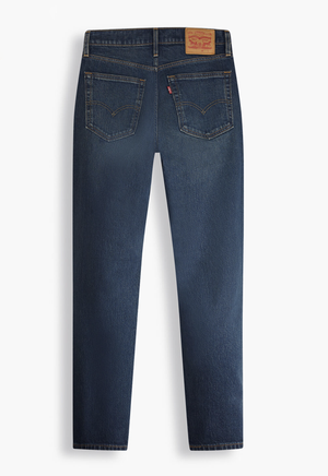 A pair of Levis 516 Straight Jeans in dark blue denim is shown from the back. These comfortable jeans feature two back pockets with signature stitching, a small tag on the right pocket, and a brown leather patch on the back waistband. The straight-fit jeans are displayed against a white background.