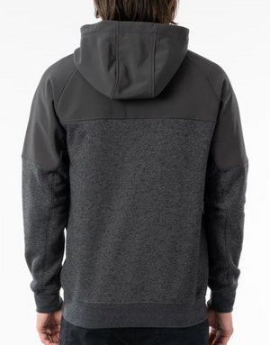 A person facing away from the camera is wearing a grey and dark grey Rip Curl Viral Anti Series Zip Thru Hood. The winter jacket features a darker upper section, lighter lower section, and long sleeves. Its durable water-resistant material ensures protection in harsh conditions. The background is plain white.