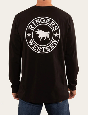 A person dressed in a black Ringers Western Signature Bull Loose Fit Long-Sleeve T-Shirt, featuring "Ringers Western" written in white on the back surrounding a graphic of a bull, stands against a plain background while wearing blue jeans.
