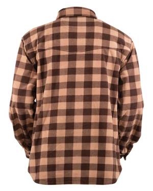 A person wearing the Outback Mens Big Shirt, a brown and beige plaid flannel mid-weight shirt, is viewed from the back, showcasing its collar and buttoned cuffs. The shirt features large alternating squares in a classic fleece design.