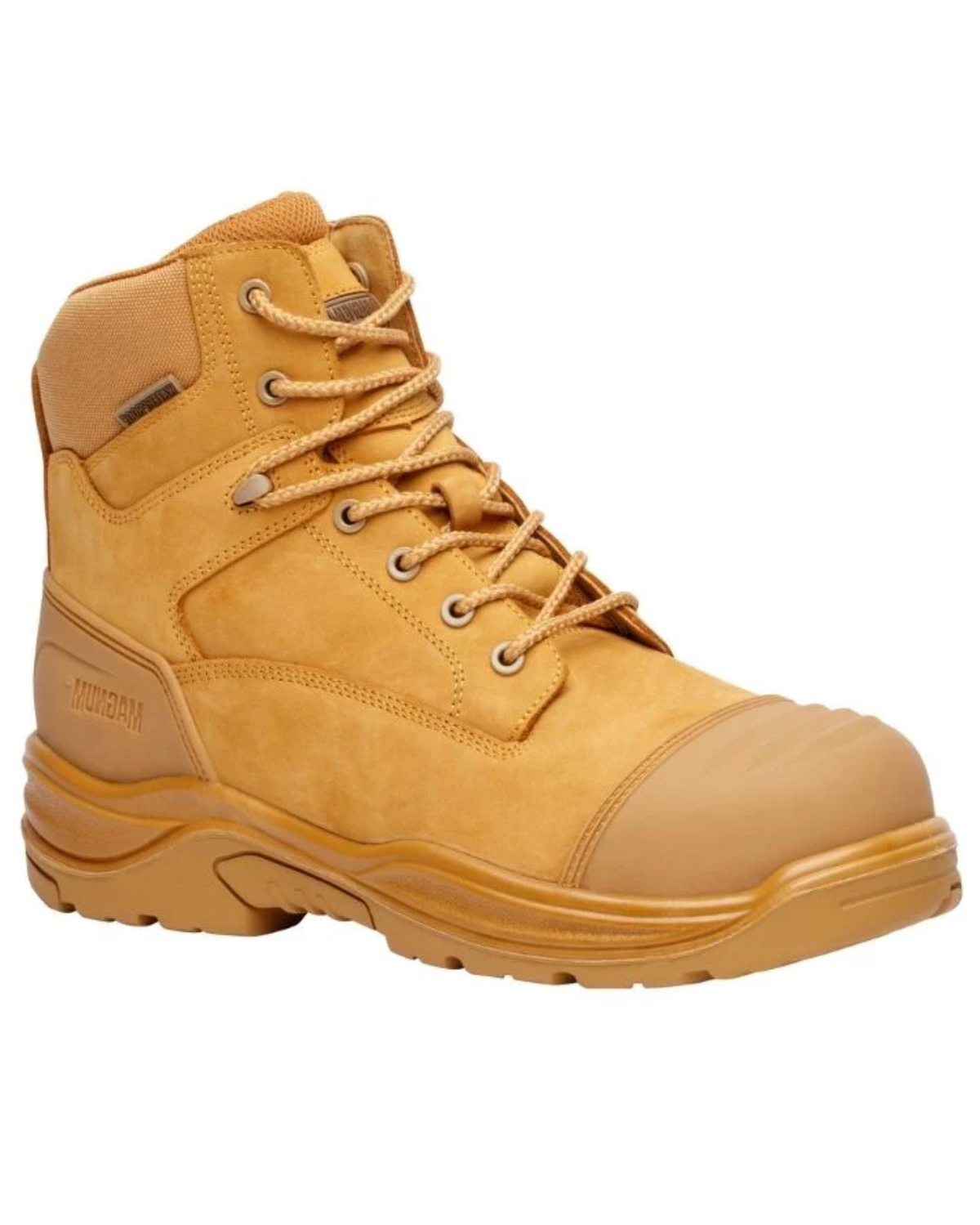 The Magnum Storm Master Zip Sided Waterproof Safety Boot MSM150 is a tan-colored high-top work boot with a rubber sole and composite steel toe cap. It includes laces, ankle padding, metal eyelets, and detailed stitching for a sturdy and durable appearance.
