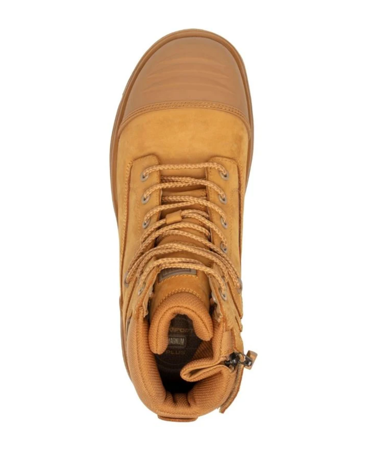 Top view of the Magnum Storm Master Zip Sided Waterproof Safety Boot MSM150 in tan leather, featuring laces, metal eyelets, a padded collar, sturdy sole, and slip-resistant grip.