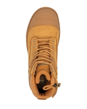 Top view of the Magnum Storm Master Zip Sided Waterproof Safety Boot MSM150 in tan leather, featuring laces, metal eyelets, a padded collar, sturdy sole, and slip-resistant grip.