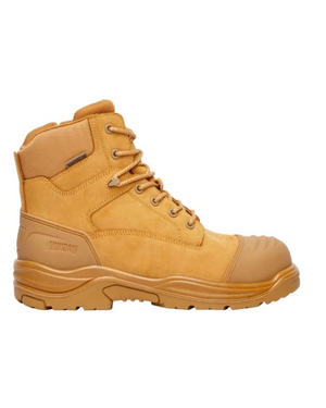The Magnum Storm Master Zip Sided Waterproof Safety Boot MSM150 is a single tan-colored work boot featuring a high ankle design, sturdy construction, and a thick padded collar. This waterproof boot also includes a composite steel toe cap for reinforced protection, a rugged outsole for superior grip, and detailed stitching along the sides and sole.