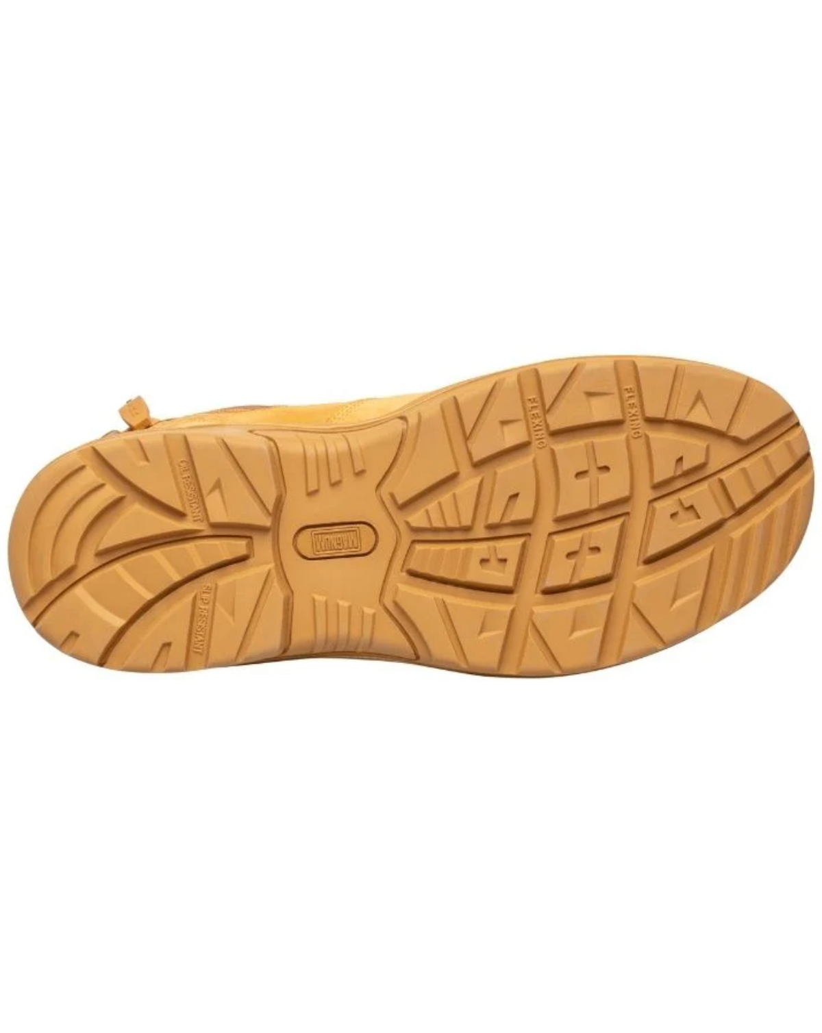 The image shows the sole of a tan-colored shoe with a distinctive tread pattern. The tread includes various geometric shapes and grooves to provide traction. The sole, part of Magnum Boots' collection, also features the brand name "Magnum Storm Master Zip Sided Waterproof Safety Boot MSM150" at the center.