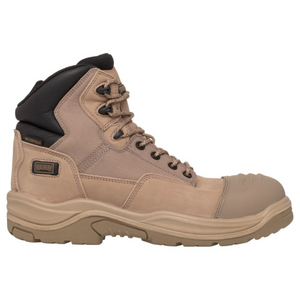 The Magnum Trademaster Lite Zip Sided Waterproof Safety Boot MTM150 is a tan work boot with a composite steel toe cap, black padded collar, black laces, and "Magnum" branding on the side. It features a rugged, slip-resistant sole for reliable safety.