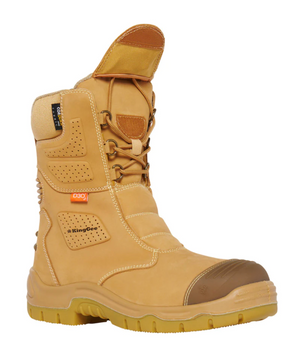 The King Gee Bennu Rigger High Leg Zip Side Safety Boot in tan features a high-top design with full-grain leather, lace-up front, padded collar, and pull tab. It has a textured rubber outsole, reinforced toe area, and prominent side branding.