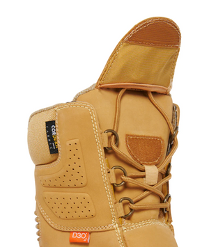 The King Gee Bennu Rigger High Leg Zip Side Safety Boot features a close-up of its full-grain leather construction. It has a partially open padded tongue with lace-up details and textile loops. A black tag with "CORDURA fabric" and "D3O" branding is visible near the durable rubber outsole.
