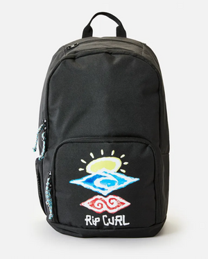 The Rip Curl Evo 24L Icons of Shred Backpack in black features a main compartment, an internal laptop section, a front pocket with zippers, and a vibrant logo displaying a sun, wave, and stylized eye on the front. The bright hand-drawn logo adds a sense of playfulness and color to the design. Blue patterned pull tabs on the zippers make them easy to use.