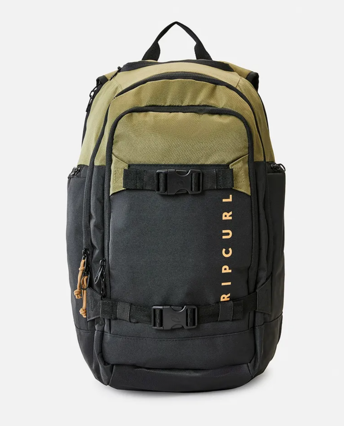 The Rip Curl Posse 33L Overland Backpack is a durable, multicolored bag featuring olive green and black panels made from recycled polyester. It boasts multiple compartments, a handy internal laptop section, black adjustable straps, and a prominent orange "Rip Curl" logo on the front. The top handle is black, along with the visible zippers and buckles.