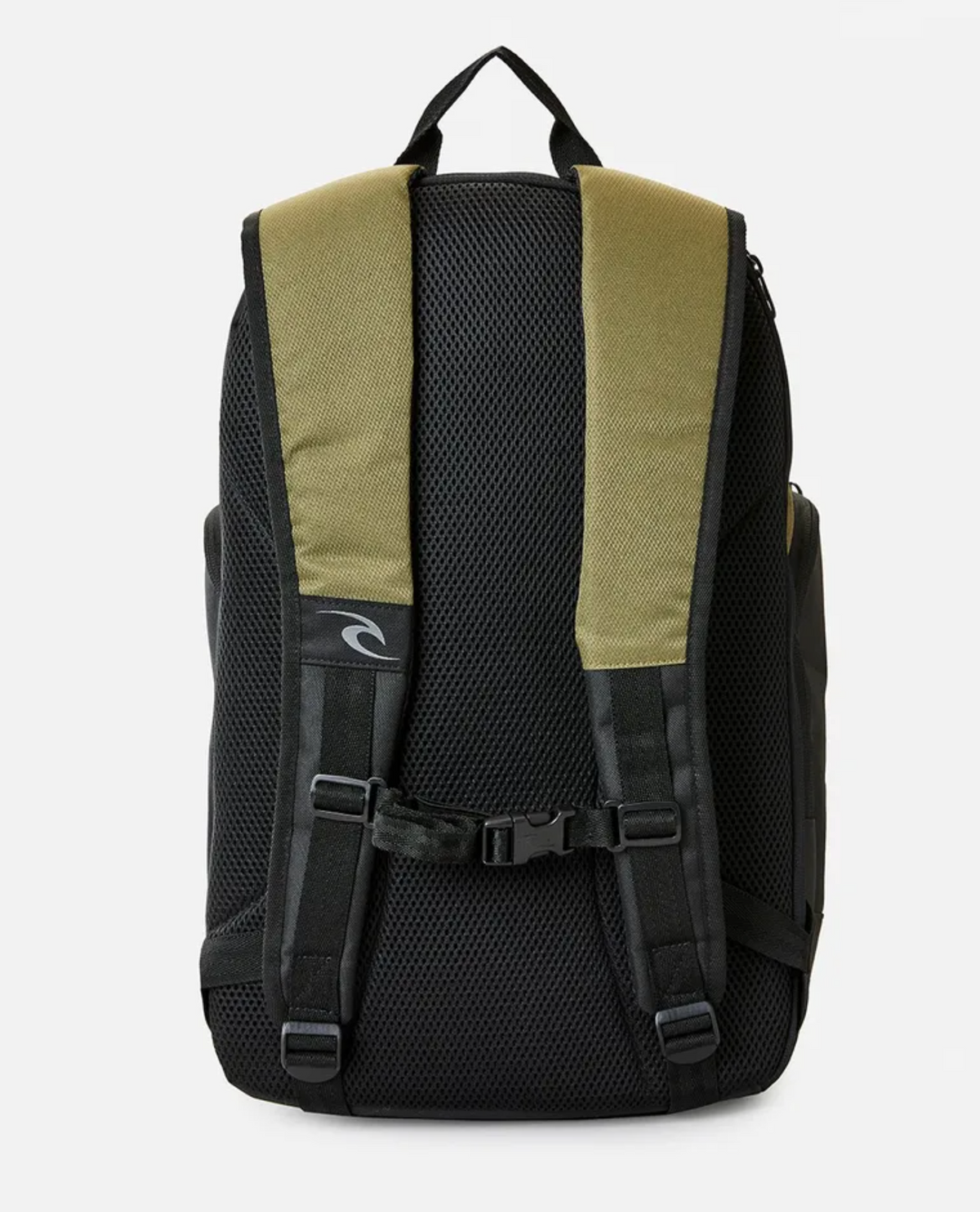 The Rip Curl Posse 33L Overland Backpack is pictured from the back, showcasing its black design with olive green shoulder straps. It comes with a top handle, padded mesh back panels, and an adjustable chest strap. Made from recycled polyester, it features an internal laptop compartment and a small logo on one of the shoulder straps.
