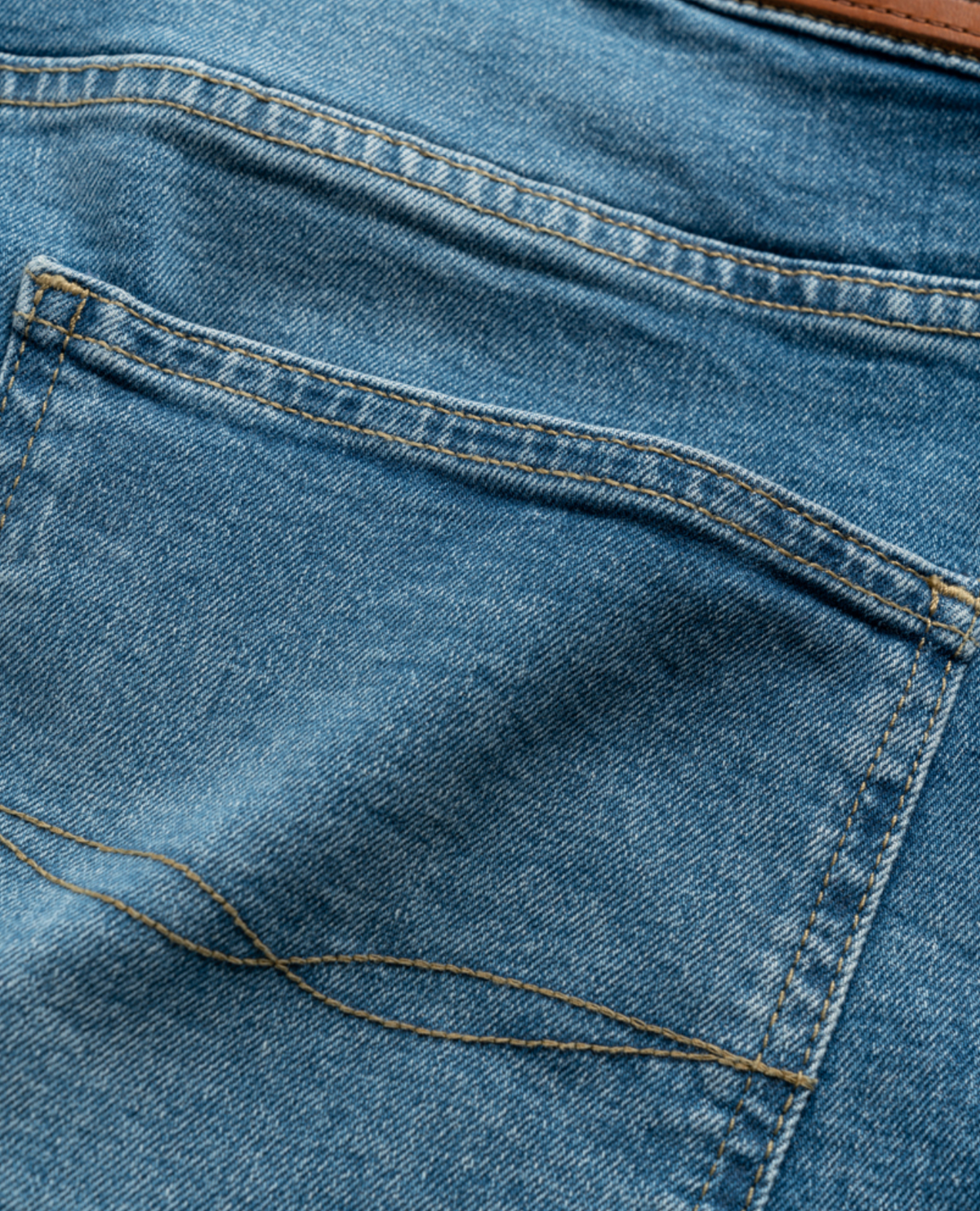 Close-up of a Rodd & Gunn Stephens Bay Summer Short pocket in blue denim with visible white stitching, showcasing the stretch fit. The fabric texture is highlighted, and part of a brown leather belt loops neatly at the top edge of this mid-rise waist image.