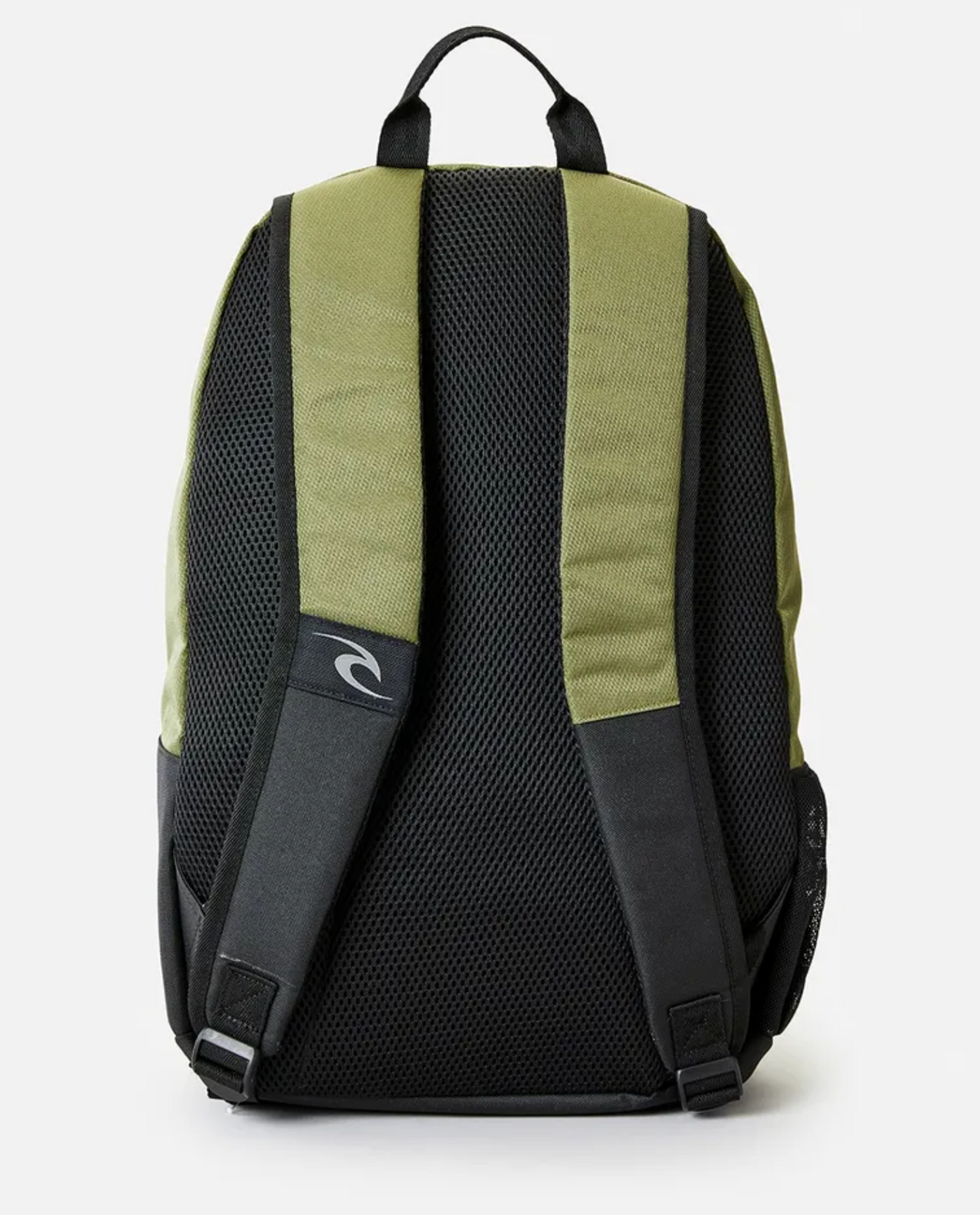 The Rip Curl Evo 24L Overland Backpack, crafted from recycled polyester, appears in green and black. It includes mesh padding on the back panel and straps for comfort, a top handle, adjustable shoulder straps, a laptop section, and a small logo near the bottom.