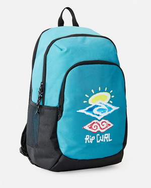 The Rip Curl Ozone 30L School Backpack is a blue and black backpack with a vibrant sun, wave, and swirl design on the front pocket. Made from recycled polyester, it features multiple compartments, a laptop section, and a side mesh pocket.