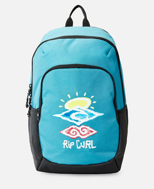 The Rip Curl Ozone 30L School Backpack is crafted from recycled polyester in blue and black with a surf-inspired graphic featuring a sun, waves, and abstract shapes in white, yellow, and red on the front. It includes a laptop section and has "Rip Curl" printed beneath the design.