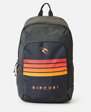 The Rip Curl Ozone 30L School Backpack in black features a front pocket with vibrant orange and yellow stripes and the Rip Curl logo. Made from recycled polyester, it includes a top handle, two zippered main compartments, and an insulated cooler compartment to keep items fresh.
