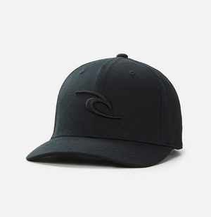 The Rip Curl Tepan Cap is a dark baseball cap with a curved brim and an embroidered circular wave logo on the front. Its structured design is made from a cotton blend, set against a plain white background.