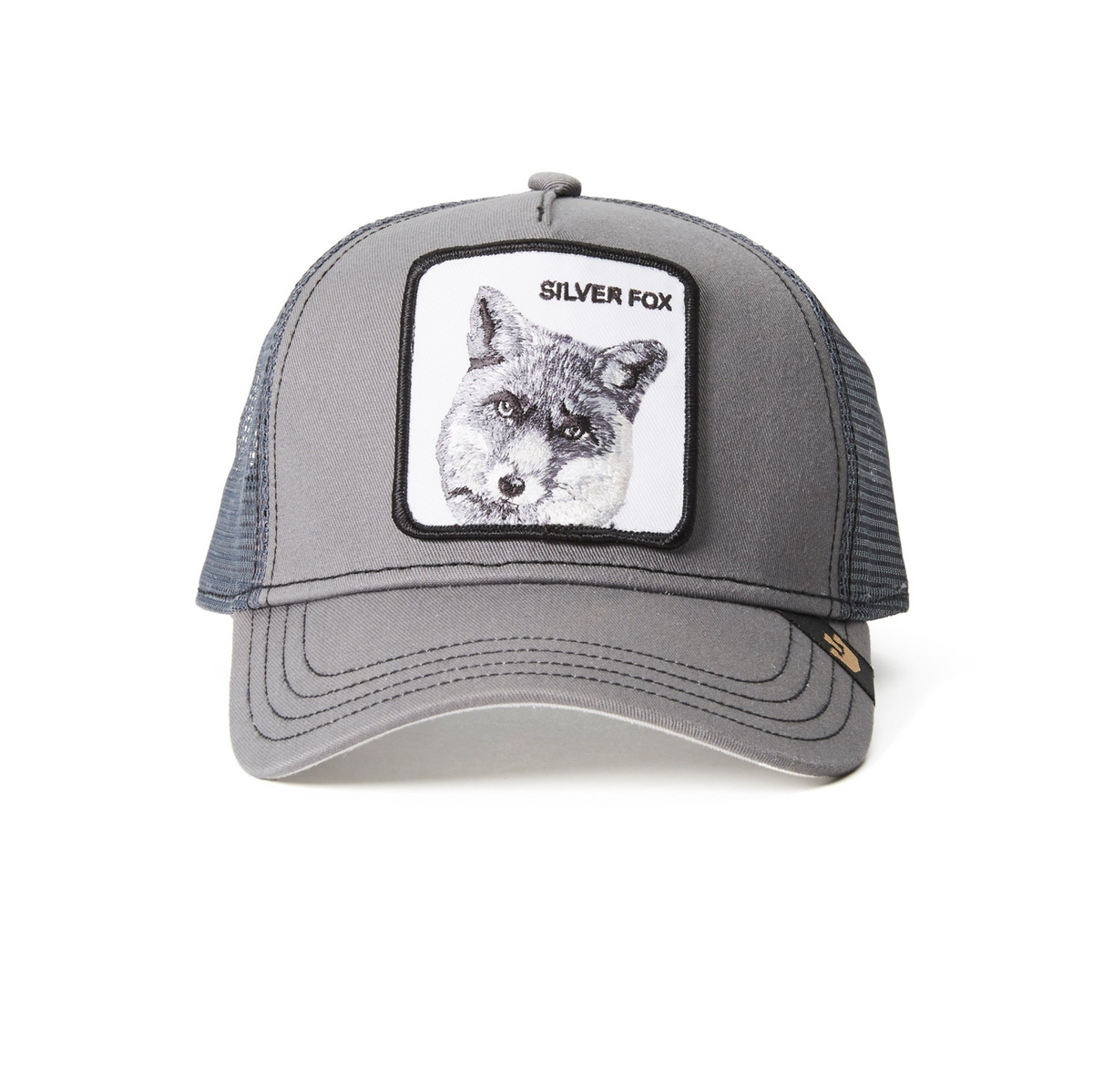 The Goorin Bros The Silver Fox is an adjustable gray trucker cap with a mesh back, featuring a front patch with a fox's face and the text "SILVER FOX.