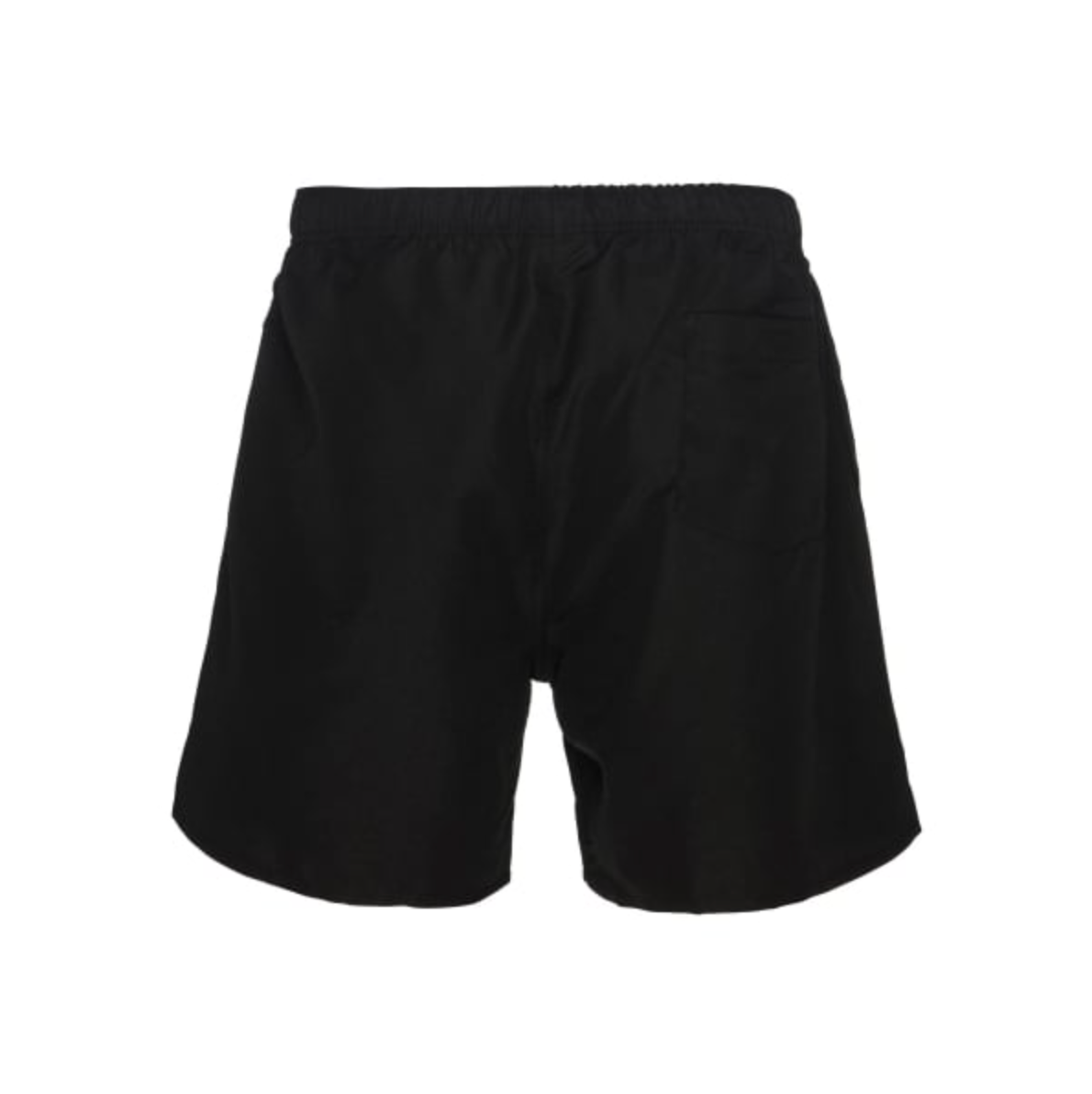 The image displays the back of Canterbury Tactic Shorts in black, featuring an elastic waistband and a right-side patch pocket. Made from smooth, lightweight polyester, these shorts provide comfort and style.