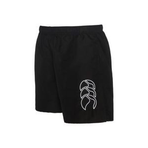 The Canterbury Tactic Short is a pair of black athletic shorts made from polyester, featuring an elastic waistband and a stylish abstract white logo on one leg.