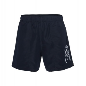 The Canterbury Tactic Short in navy blue is made of polyester and includes an elastic waistband with a white abstract logo on the right leg. Its simple, sporty design makes it perfect for workouts or casual wear.