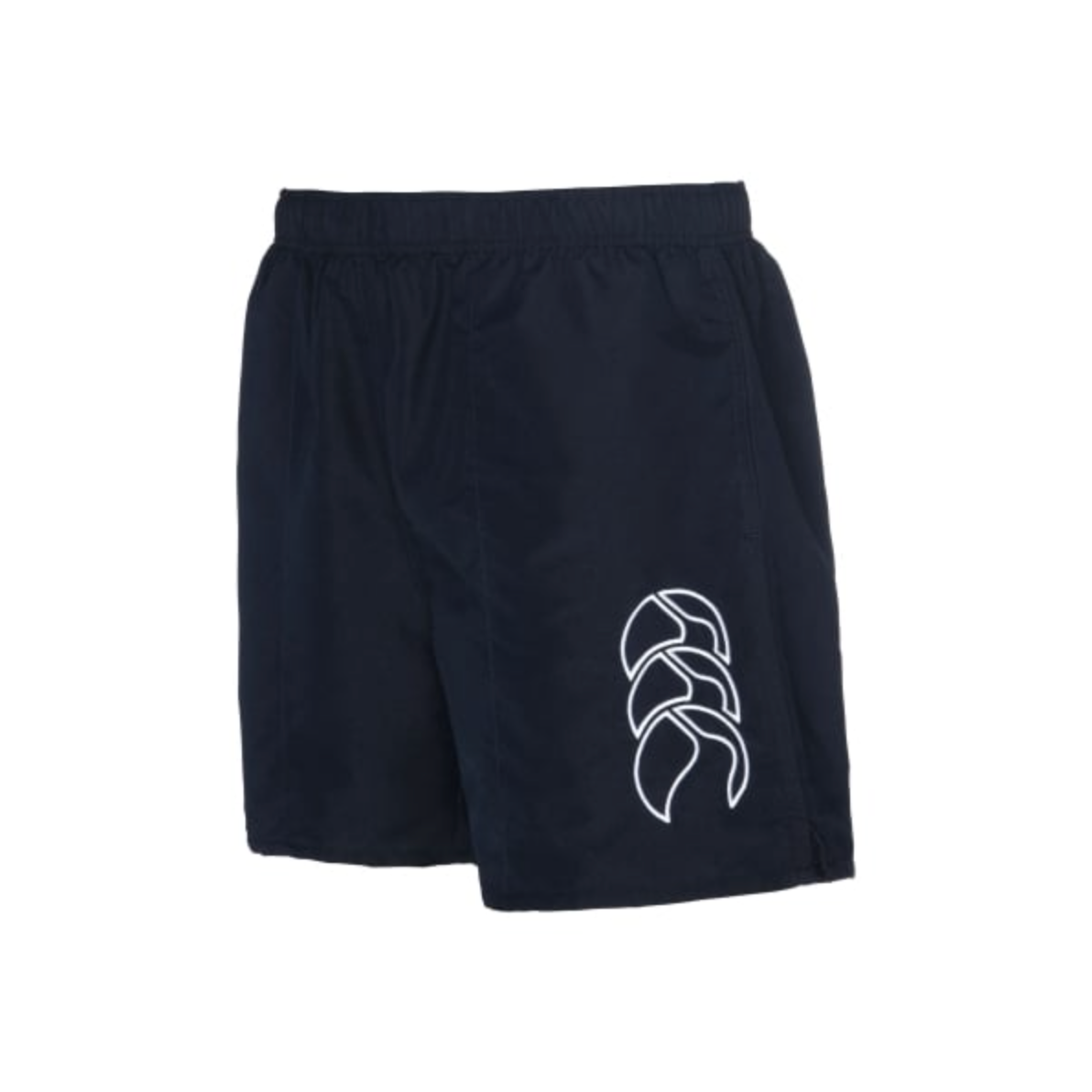 The Canterbury Tactic Short is a navy blue pair crafted from durable polyester, featuring an elastic waistband and a white abstract emblem or logo on one leg.