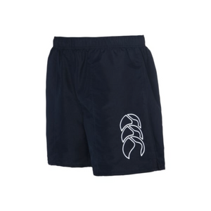 The Canterbury Tactic Short is a navy blue pair crafted from durable polyester, featuring an elastic waistband and a white abstract emblem or logo on one leg.